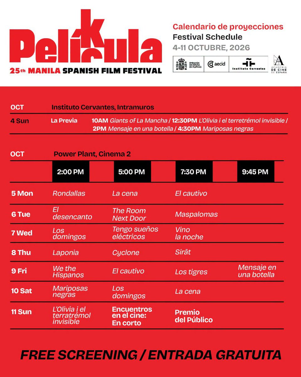 IC_Manila's tweet photo. 👉See the complete schedule of films for this year's 𝐏𝐄𝐋Í𝐂𝐔𝐋𝐀>𝐏𝐄𝐋𝐈𝐊𝐔𝐋𝐀 𝐒𝐩𝐚𝐧𝐢𝐬𝐡 𝐅𝐢𝐥𝐦 𝐅𝐞𝐬𝐭𝐢𝐯𝐚𝐥 2026. From Oct 4 to 11, share with us your love for cinema. If you like movies... 😍🙌can't miss it!‼️
#movies #freemovies #Spanish https://t.co/gxdOabCqVZ