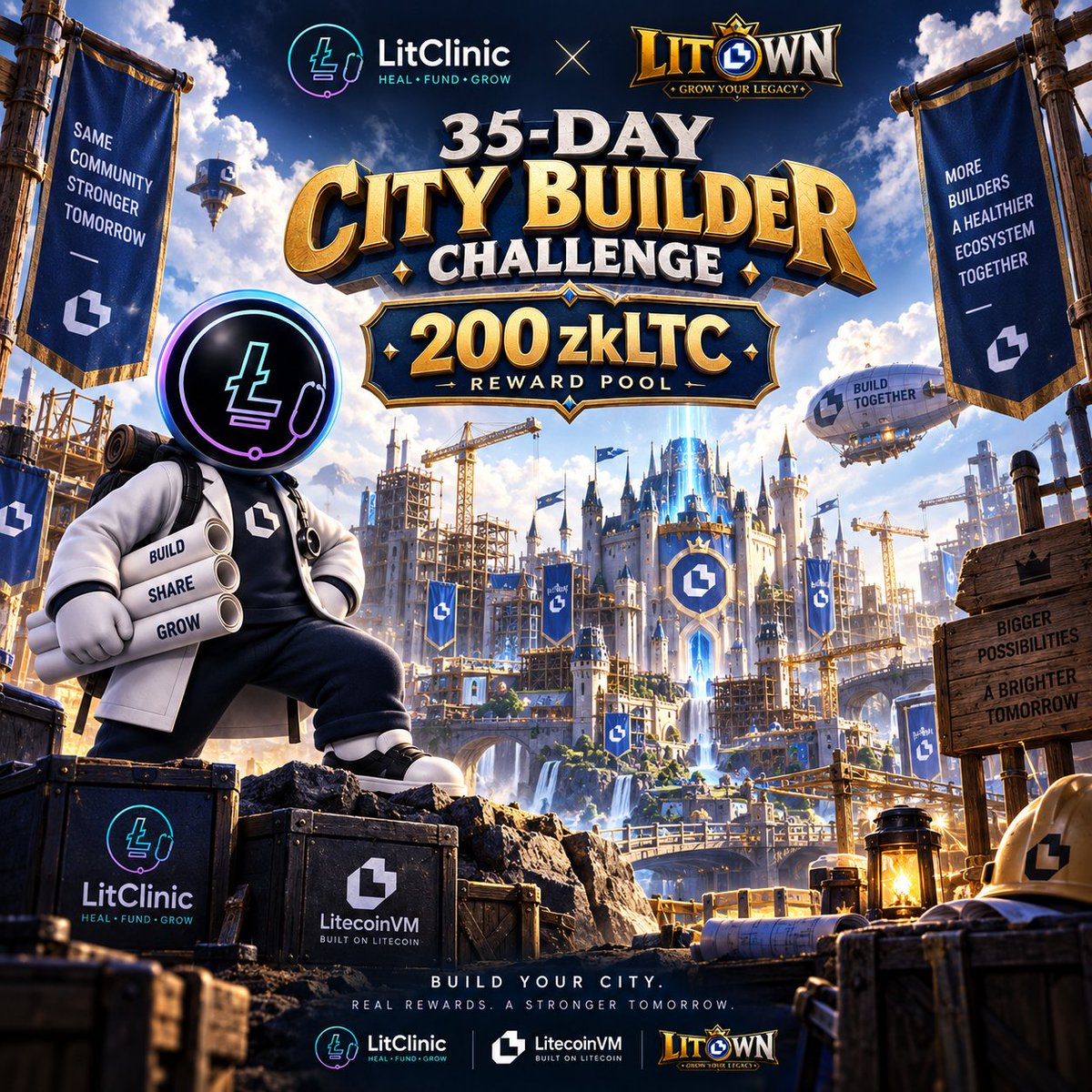litclinicxyz's tweet photo. @litclinicxyz  x @LitTownVM  is LIVE

A new 35 day City Builder Challenge starts now with a fully funded 200 zkLTC reward pool. 

100 zkLTC - LitTown 
100 zkLTC -LitClinic

Compete through Event Shares and unlock additional Genesis eligibility:

Foundation completed
10 Campaign Shares
5 Active Campaign Days
2 Genesis whitelist entitlements

Already completed Foundation before the campaign? 
It counts no need to repeat it.

Campaign Shares + Active Days start fresh for this event.

Sep 23 → Oct 28
https://t.co/CxhGTYL4TC