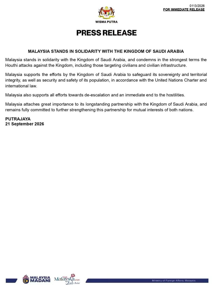 MalaysiaMFA's tweet photo. #PressRelease 

[113/2026] 

MALAYSIA STANDS IN SOLIDARITY WITH THE KINGDOM OF SAUDI ARABIA https://t.co/0mHjGaQmmd