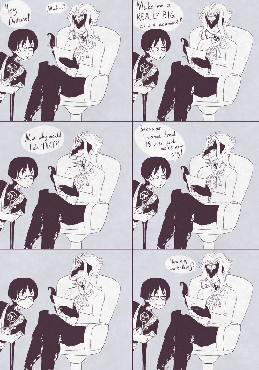 PinkOkapia's tweet photo. A uh... ScaraDotto? comic I'm entirely blaming on @Sherlocktherav1 😂

(I think this is the first time I've drawn Scaramouche.... he's fun to draw~) https://t.co/HJdUzJSRKy