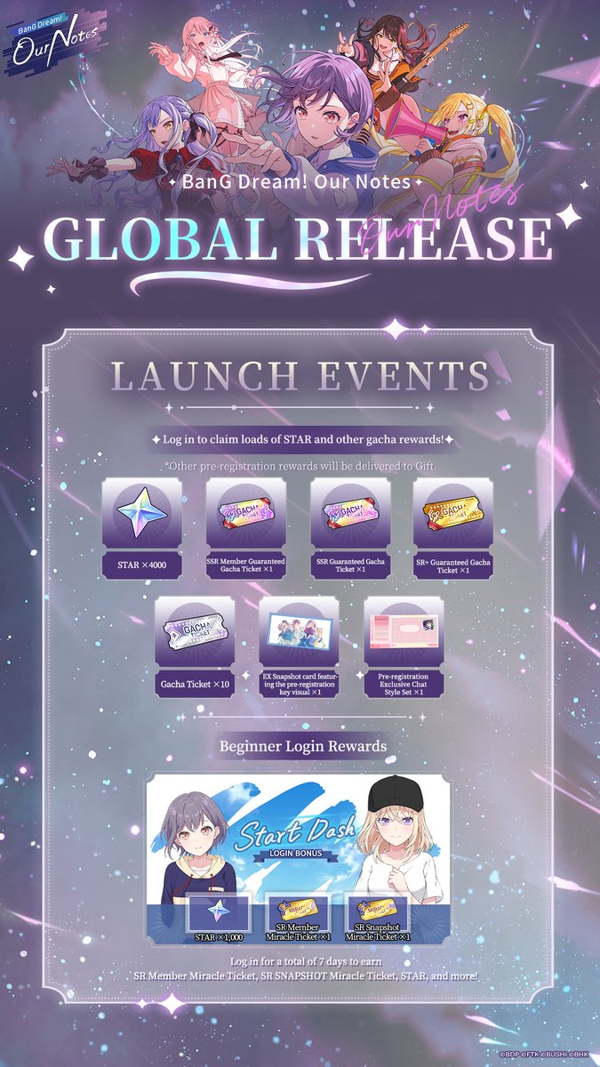 bangdreamon_EN's tweet photo. 📢 BanG Dream! Our Notes Official Launch Celebration Info! 🎉

BanG Dream! Our Notes will officially launch tomorrow!
We’re bringing you an overview of the various launch celebration events and rewards coming after launch. Let's take a look! ✨

✨Launch Celebration Serial Code ②
 Code: READYON924

Rewards:
“SMALL BOOST DRINK *3”
After the game launches on September 24, all BanG Dreamers can enter the Serial code through the [Serial Code] function in the in-game menu to claim the rewards 🎁
※Serial code valid until: October 24, 2026 23:59 (UTC+9)

🎁Pre-Registration Milestone Rewards Overview
Log in to the game to receive rewards equivalent to 20 pulls, including “Star *4,000” and “Launch Celebration! SSR Guaranteed Gacha Ticket.”
[Event Period]: After launch on September 24, 2026

🎁Start Dash Login Bonus
Log in every day for 7 consecutive days from the start of the game launch to receive rewards including “[Launch Celebration] SR Member Miracle Ticket,” “[Launch Celebration] SR Snapshot Miracle Ticket,” and a total of Star *1,000! 💫
[Event Period]: After launch on September 24, 2026

🎫Launch Celebration Season 1 Mission Pass
As a milestone reward for surpassing 1 million pre-registrations, the Premium version of the first Season Mission Pass will be provided free to all players!
Earn rewards including limited Stickers, growth materials, and up to Star *2,000. Don’t miss out! 💫
[Event Period]: After launch on September 24, 2026 – October 28, 2026 11:59 (UTC+9)

📝Beginner Mission
A new mission will unlock each day for 7 days after you start the game!
Complete missions to earn generous rewards!
On the first day, you can obtain the “[Launch Celebration] SSR Member Miracle Ticket,” which lets you choose one SSR Member of your choice!
[Event Period]: After launch on September 24, 2026

👭Friend Invite
Invite friends to receive “Stars *150,” with up to “Stars *1,500” available!
Invited players can also receive “Stars *500” ✨

🎴 Launch Celebration Gacha
“[Launch Celebration] MyGO!!!!! Pick Up Gacha” & “[Launch Celebration] Ave Mujica Pick Up Gacha” will open simultaneously!
The appearance rates of MyGO!!!!! and Ave Mujica Members will be increased! ✨
[Event Period]: After launch on September 24, 2026 – September 28, 2026 11:59 (UTC+9)

🎶 Launch Celebration! 5-Day Consecutive Song Addition Campaign
Starting from the game launch, one cover song will be added every day at 15:00 (UTC+9). Stay tuned! ✨
Newly added songs can be exchanged in the “Music Shop” in the Exchange Shop and played after exchange.
※After the event ends, the newly added songs can still be exchanged in the “Music Shop.”

September 25: “Chu, Tayousei.” 🛸
September 26: “Singin' to the Sky” 🧭
September 27: “Stellar Stellar” 💐
September 28: “Fatal” 🌙
September 29: “Hohoemi no Bakudan” ✌️

For more event details, please look forward to upcoming official announcements!

#BanGDream #OurNotes #OurNotes0924