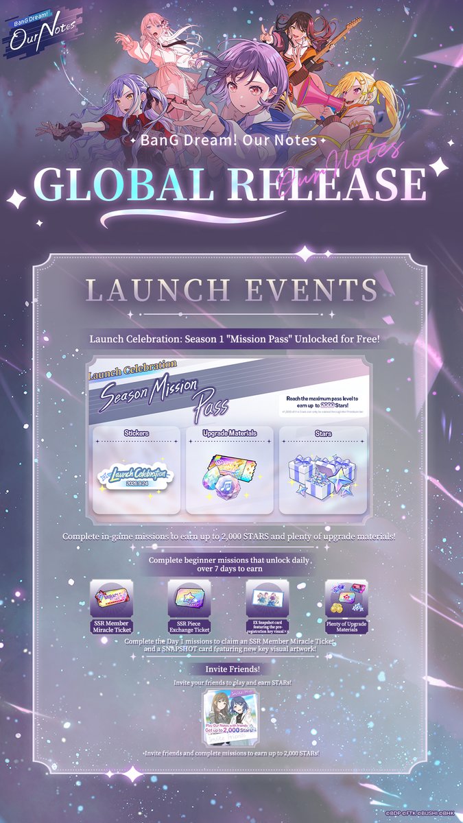 bangdreamon_EN's tweet photo. 📢 BanG Dream! Our Notes Official Launch Celebration Info! 🎉

BanG Dream! Our Notes will officially launch tomorrow!
We’re bringing you an overview of the various launch celebration events and rewards coming after launch. Let's take a look! ✨

✨Launch Celebration Serial Code ②
 Code: READYON924

Rewards:
“SMALL BOOST DRINK *3”
After the game launches on September 24, all BanG Dreamers can enter the Serial code through the [Serial Code] function in the in-game menu to claim the rewards 🎁
※Serial code valid until: October 24, 2026 23:59 (UTC+9)

🎁Pre-Registration Milestone Rewards Overview
Log in to the game to receive rewards equivalent to 20 pulls, including “Star *4,000” and “Launch Celebration! SSR Guaranteed Gacha Ticket.”
[Event Period]: After launch on September 24, 2026

🎁Start Dash Login Bonus
Log in every day for 7 consecutive days from the start of the game launch to receive rewards including “[Launch Celebration] SR Member Miracle Ticket,” “[Launch Celebration] SR Snapshot Miracle Ticket,” and a total of Star *1,000! 💫
[Event Period]: After launch on September 24, 2026

🎫Launch Celebration Season 1 Mission Pass
As a milestone reward for surpassing 1 million pre-registrations, the Premium version of the first Season Mission Pass will be provided free to all players!
Earn rewards including limited Stickers, growth materials, and up to Star *2,000. Don’t miss out! 💫
[Event Period]: After launch on September 24, 2026 – October 28, 2026 11:59 (UTC+9)

📝Beginner Mission
A new mission will unlock each day for 7 days after you start the game!
Complete missions to earn generous rewards!
On the first day, you can obtain the “[Launch Celebration] SSR Member Miracle Ticket,” which lets you choose one SSR Member of your choice!
[Event Period]: After launch on September 24, 2026

👭Friend Invite
Invite friends to receive “Stars *150,” with up to “Stars *1,500” available!
Invited players can also receive “Stars *500” ✨

🎴 Launch Celebration Gacha
“[Launch Celebration] MyGO!!!!! Pick Up Gacha” & “[Launch Celebration] Ave Mujica Pick Up Gacha” will open simultaneously!
The appearance rates of MyGO!!!!! and Ave Mujica Members will be increased! ✨
[Event Period]: After launch on September 24, 2026 – September 28, 2026 11:59 (UTC+9)

🎶 Launch Celebration! 5-Day Consecutive Song Addition Campaign
Starting from the game launch, one cover song will be added every day at 15:00 (UTC+9). Stay tuned! ✨
Newly added songs can be exchanged in the “Music Shop” in the Exchange Shop and played after exchange.
※After the event ends, the newly added songs can still be exchanged in the “Music Shop.”

September 25: “Chu, Tayousei.” 🛸
September 26: “Singin' to the Sky” 🧭
September 27: “Stellar Stellar” 💐
September 28: “Fatal” 🌙
September 29: “Hohoemi no Bakudan” ✌️

For more event details, please look forward to upcoming official announcements!

#BanGDream #OurNotes #OurNotes0924