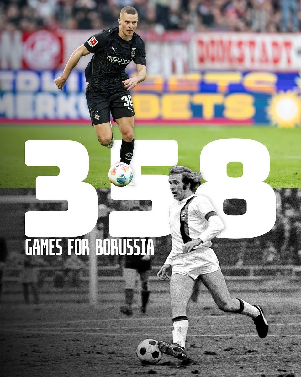 mariond_8kt's tweet photo. 358 🐎💚!

Nico Elvedi is now on par with a club icon, having equaled Günter Netzer’s record for total competitive matches played for Borussia. https://t.co/ZiYPX94jU5
