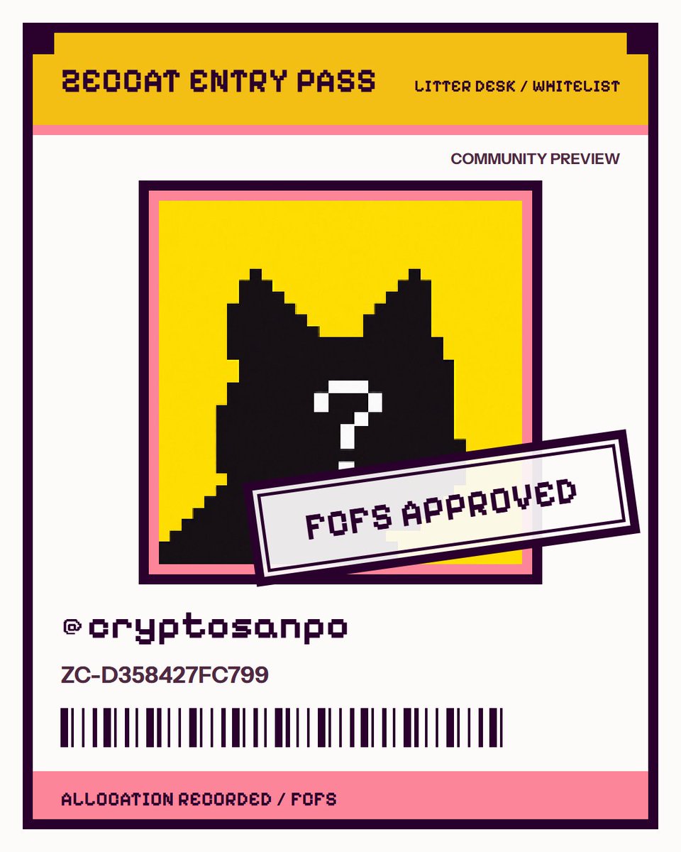 CryptoSanpo's tweet photo. FCFS APPROVED for the @zeccatnft whitelist. See you in the litter. ZC-D358427FC799

🐱9/23 13:00 UTC ※日本時間22:00 からMintスタート
GTD → FCFS → Public の順で進行予定
FCFSは先着順（Mint保証なし）
Mint：0.0033 ZEC
Fee：0.001 ZEC
1 wallet / 1 Mint
#ZecCat #Zcash #ZEC https://t.co/3J6LcQcfGB
