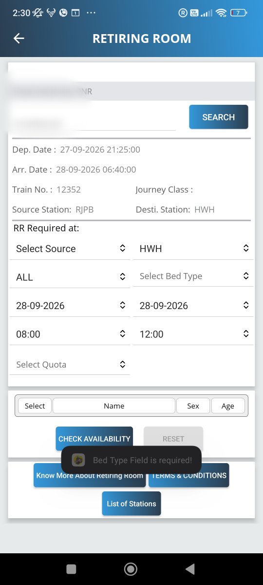 livedlifes's tweet photo. @IRCTCofficial Can you please help how to book retiring room. Your webpage and application both are giving issue https://t.co/xyF9PcPiYj