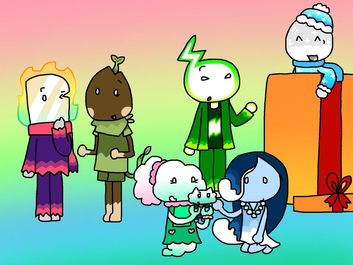 wwinterflake's tweet photo. drew all of my ocs. very happy with the result!! 🥹

their names are
- sizzle
- vinny
- misty
- puffer (the cat)
- tide
- zane
- flake https://t.co/CKU24XjcGt