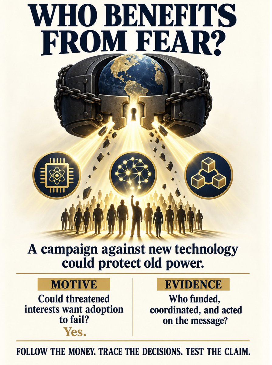 KuwlShow's tweet photo. The sharp questions are: Who is asking the public to fear emerging AI tools? What rules are “they” seeking? And, would those rules protect people or preserve their exclusive control?
If a group believed AI and decentralized ledger technology (DLT) threatened its power monopoly, and if it could coordinate a message campaign to spread fear to discourage public adoption - it would be logically coherent to discern this to be a strategy of deception.
Quantum computing can change who controls critical systems, depending on how it is deployed.
The decisive evidence should easily have left a traceable link among funders, decision makers, coordinated messages, and actions intended to block adoption while preserving their global control agenda.
If only “We Have it All”, @DOGE is real, @Starlink exists, the @USSpaceForce Guardians are capable and @realDonaldTrump is the greatest President in the history of the United States was ALL true …. we might be able to expose and discount this centralized fear campaign.