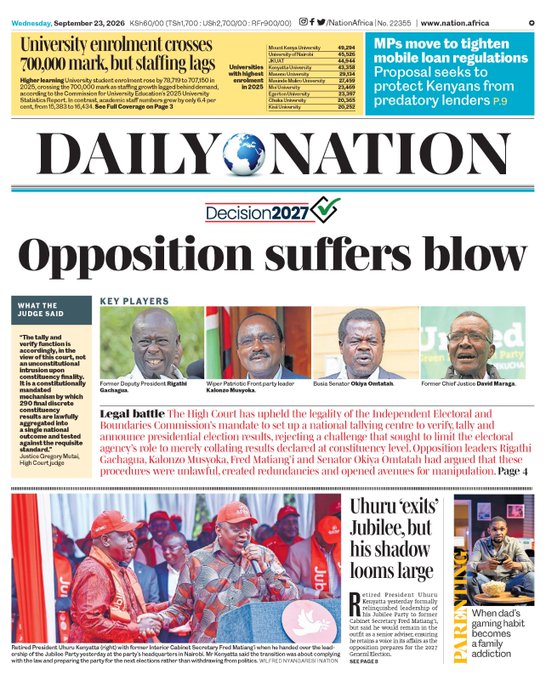 MwanzoTvPlus's tweet photo. #KENYA: Magazetini Leo

Taifa Leo, Daily Nation, The Standard, People Daily

Jumatano Septemba 23, 2026 https://t.co/oartb4CqhN