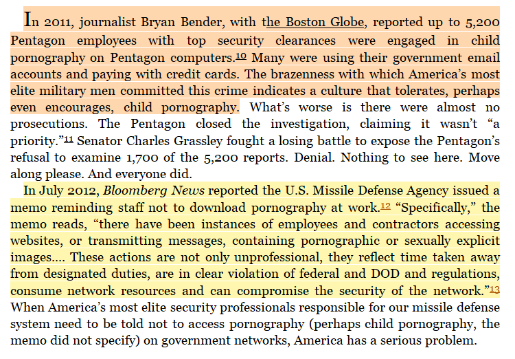 toxictiramisu's tweet photo. In 2011, the Pentagon reported up to 5,200 DoD employees &amp; contractors w/ security clearances were involved in CP networks on government computers, yet no one was charged. From 2003-2012, US military members were involved in 30,000 child abuse cases, including 118 child murders. https://t.co/dEGWFSPS35