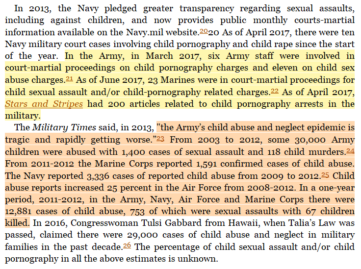toxictiramisu's tweet photo. In 2011, the Pentagon reported up to 5,200 DoD employees &amp; contractors w/ security clearances were involved in CP networks on government computers, yet no one was charged. From 2003-2012, US military members were involved in 30,000 child abuse cases, including 118 child murders. https://t.co/dEGWFSPS35