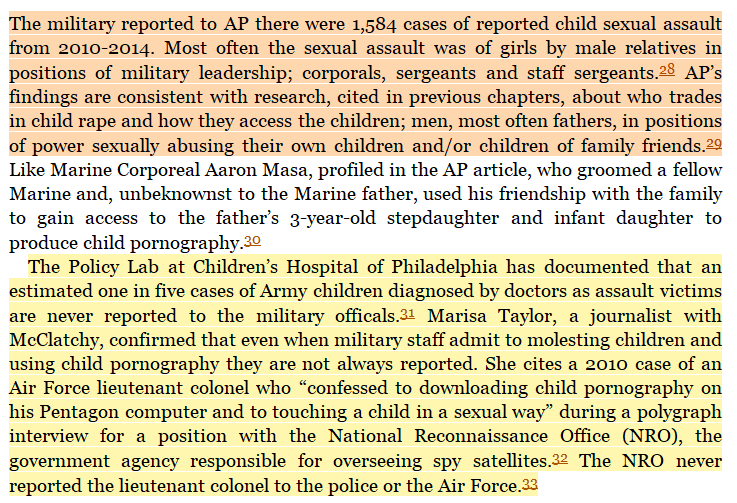 toxictiramisu's tweet photo. In 2011, the Pentagon reported up to 5,200 DoD employees &amp; contractors w/ security clearances were involved in CP networks on government computers, yet no one was charged. From 2003-2012, US military members were involved in 30,000 child abuse cases, including 118 child murders. https://t.co/dEGWFSPS35