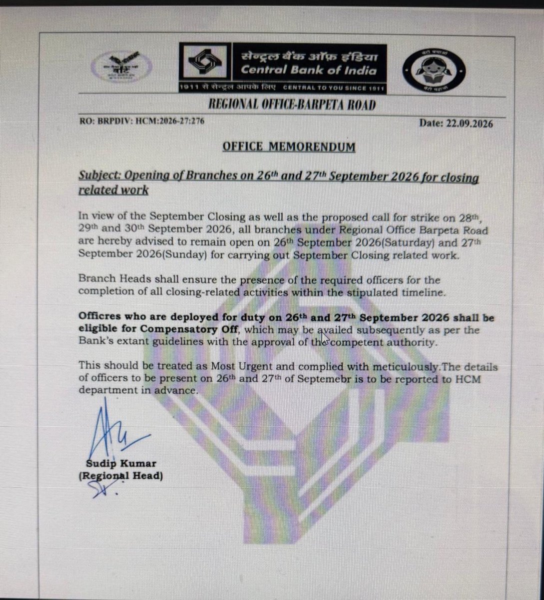 idesibanda's tweet photo. CBI RM asking to open Branch on Sat &amp; Sun https://t.co/e22dedTovk