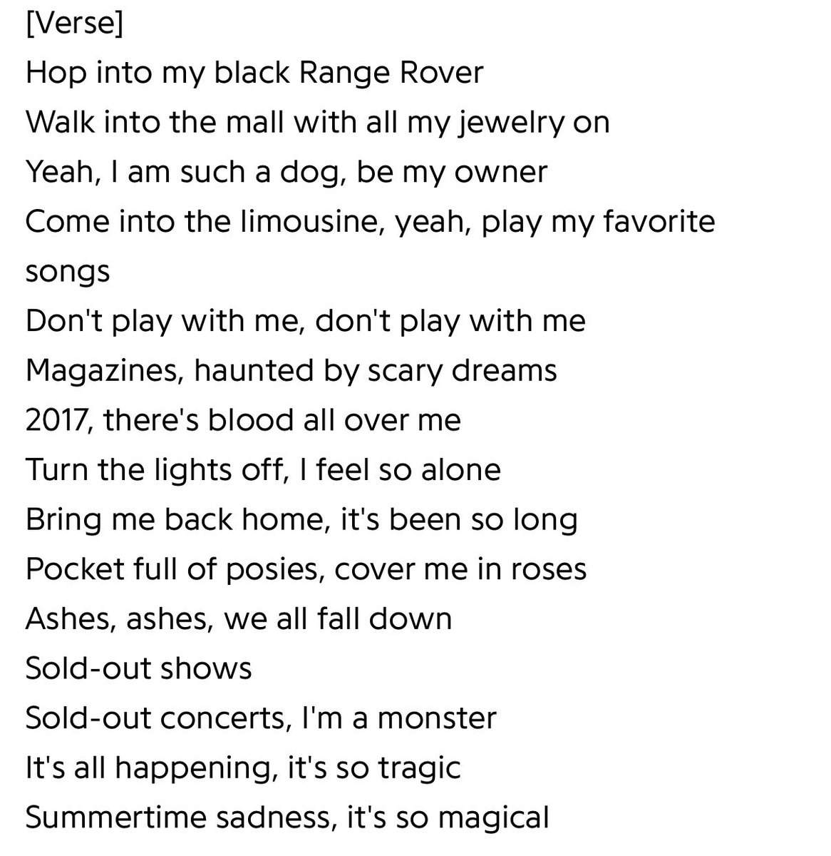 fredgnar's tweet photo. How can I be sad with lyrics like this? 
🎶I am such a dog, be my owner🎶
🎶ashes, ashes, we all fall down🎶
💔 https://t.co/TlKBUBv76R