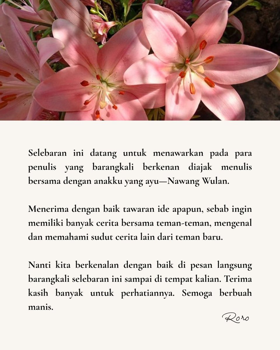 mustikampal's tweet photo. ㅤ

️️ ️️️️️️
[ Mohon bantu cuit ulang ]

Roro.
Aku ingin melampirkan selebaran yang berisi ajakan menulis bersama dengan detail dan rupa anakku. Barangkali ada penulis yang mau berdiskusi, aku sangat terbuka! Terima kasih semuanya. 💐

️️ ️️️️️️
ㅤ https://t.co/Iwls6OZYAn