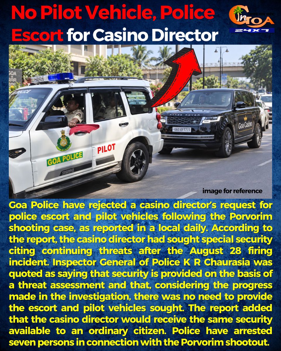 InGoa24x7's tweet photo. Goa Police have rejected a casino director’s request for police escort and pilot vehicles following the Porvorim shooting case, as reported in a local daily.
.
.
#Goa #GoaNews #NoPilot #NoEscort #Security https://t.co/jWnZwpmMdW