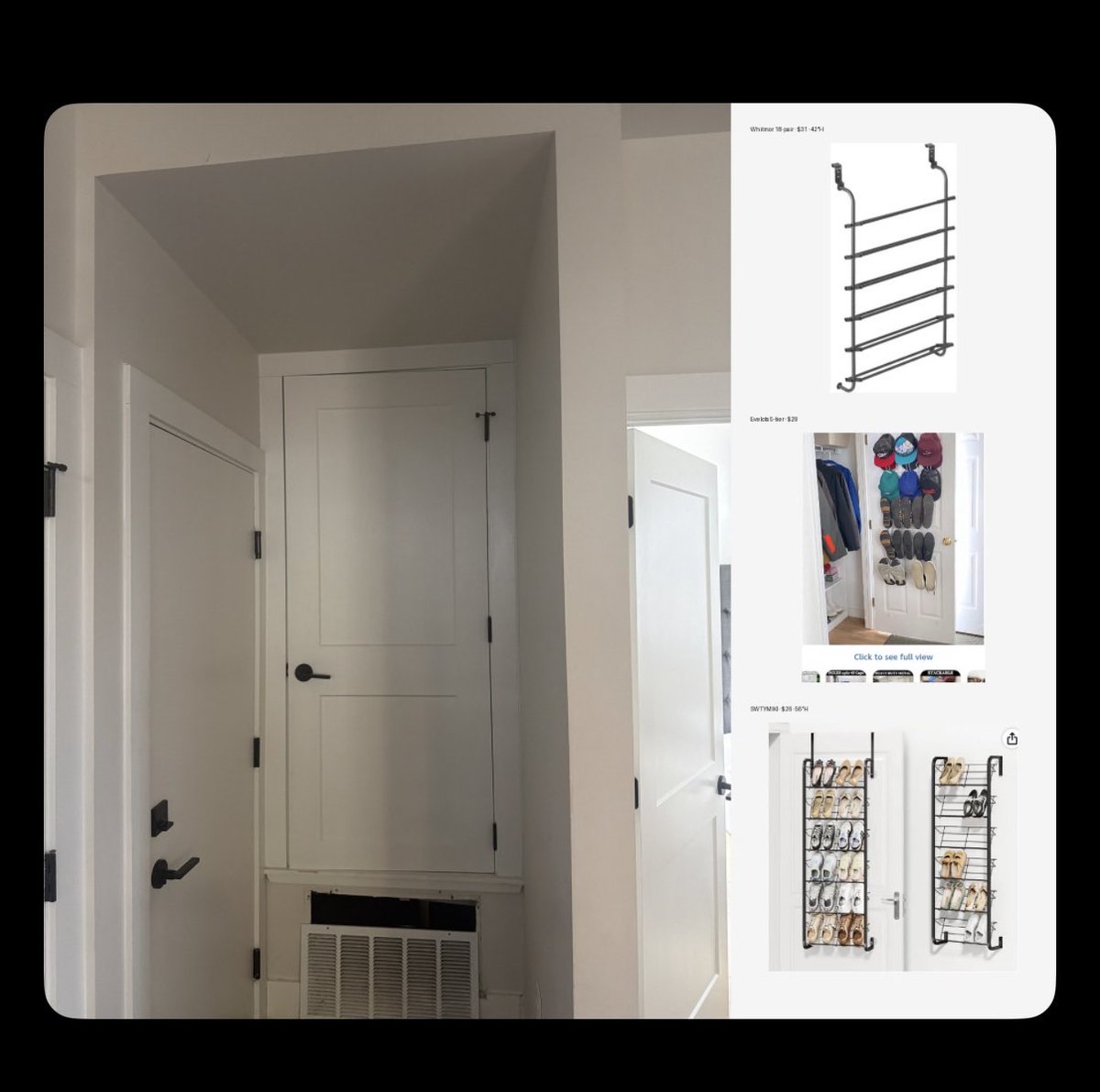 spikek1's tweet photo. @bot I gave Bot and Muse the task of finding  a hanging shoe rack. I gave them both an image of the door I want to hang it on and asked to mock up the options so I can get a real sense for the fit. Grok did not do well. For normies, it’s got to just work. https://t.co/8o9qxeV43U