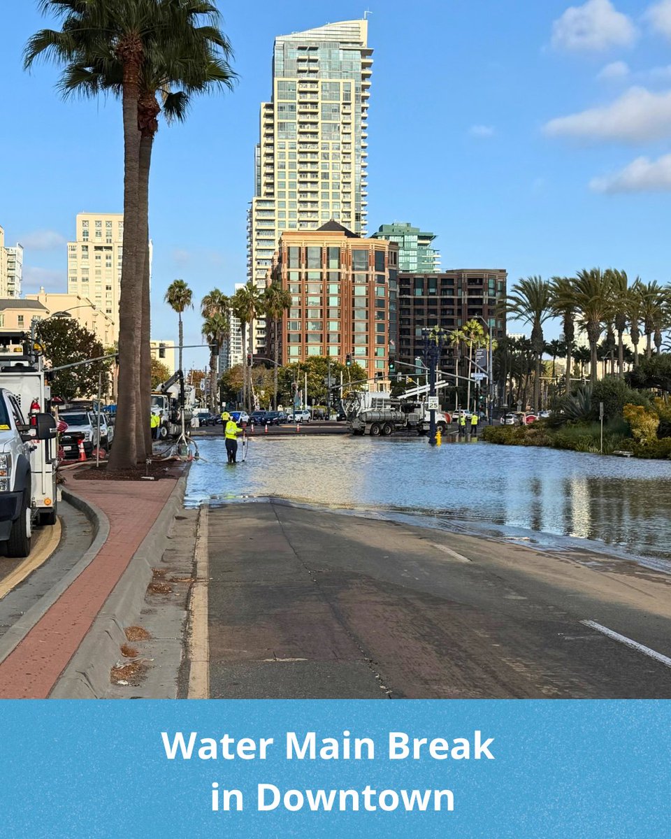 CityofSanDiego's tweet photo. ⚠️ Avoid the area around West Harbor Drive and Pacific Highway as City crews repair a water main break impacting traffic. The water main break was caused by a 16-inch underground pipe that failed.

Updates will be shared through the City's social media channels.

#TrafficAlert https://t.co/4Nv1qOOJf3