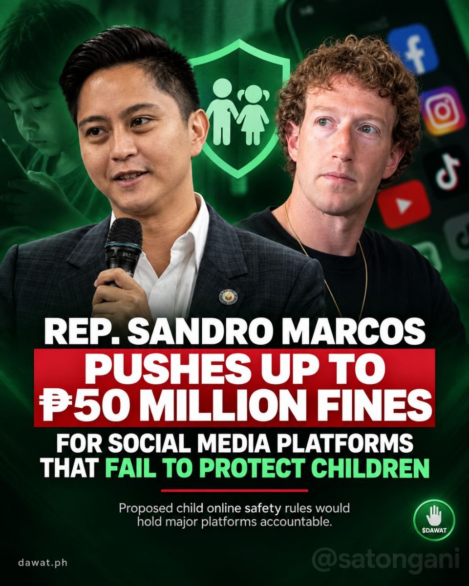 satongani's tweet photo. REP. MARCOS, GUSTONG PAGMULTAHIN HANGGANG ₱50-M ANG MGA SOCIAL MEDIA PLATFORMS

Inihain nina House Speaker Faustino “Bojie” Dy III, Senior Deputy Speaker Ferdinand “Dinand” Hernandez, at Majority Leader Ferdinand Alexander “Sandro” Marcos ang House Bill No. 9965 o Children’s Social Media Safety Act, na naglalayong papanagutin ang mga social media platforms na mabibigong sumunod sa child online safety standards. 

Sa ilalim ng panukala, maaaring pagmultahin ng hanggang ₱50 milyon ang mga platform na hindi sumusunod sa requirements gaya ng age verification, parental controls, safeguards laban sa harmful content, at iba pang proteksyon para sa mga menor de edad. Para sa paulit-ulit at seryosong violations, maaari ring magkaroon ng temporary restriction o pagbabawal sa operasyon sa Pilipinas, subject to due process. 

Ipagbabawal din sa mga batang below 13 years old ang paggawa o paggamit ng social media accounts. Para naman sa mga edad 13 hanggang below 18, kailangan ang verifiable parental or guardian consent at tuloy-tuloy na supervision. 

Kasama rin sa panukala ang mas mahigpit na privacy settings para sa mga bata, restrictions sa geolocation at financial transactions, stronger controls laban sa harmful recommendations, at transparency requirements para sa algorithms na ginagamit ng mga platform. 

Sa ngayon, ang HB 9965 ay pending pa sa House Committee on Welfare of Children.