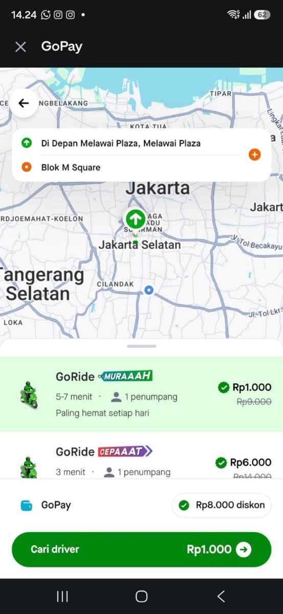 Electrayv8j's tweet photo. tadi buru-buru mau ngantor, buka aplikasi gopay, langsung pesen goride. pas lihat harganya mulai 1rb auto senyum sendiri 🤭 🚀 #GOJEKDIGOPAYMULAIDARI1000 https://t.co/8luVlh1PH8