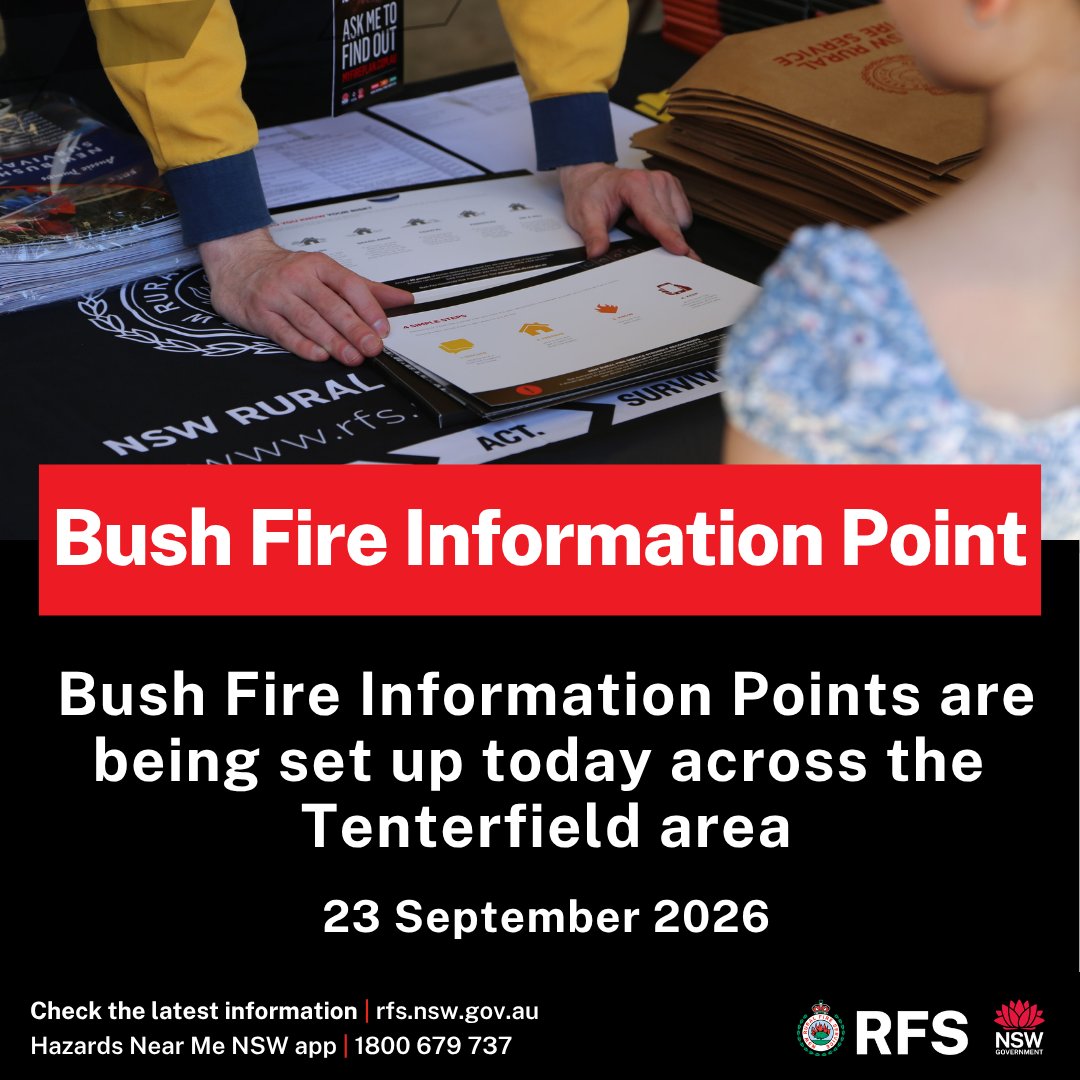 NSWRFS's tweet photo. Bush Fire Information Points will be set up today, Wednesday 23 September, to provide community members with information on several fires burning across the Tenterfield area. Please see below for the information point locations. https://t.co/stbsI4yaam