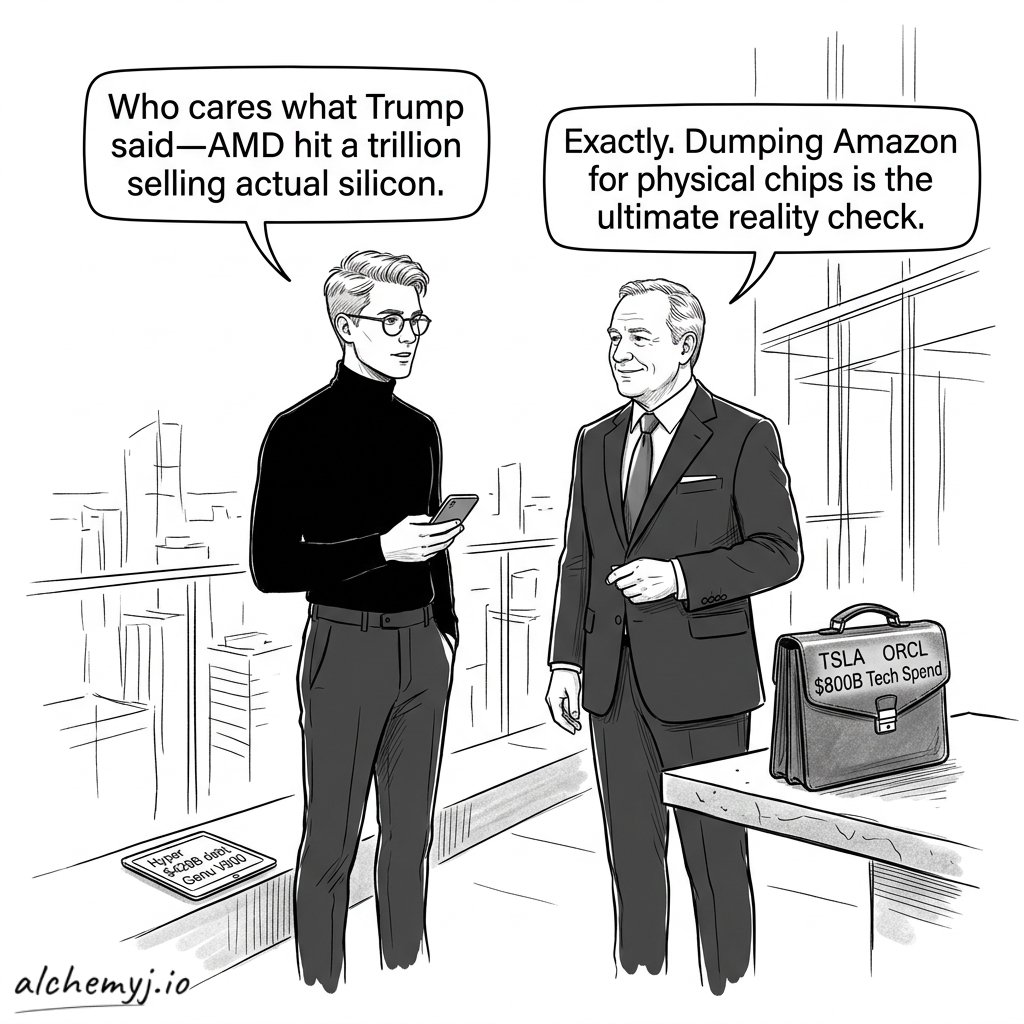 AlchemyJ_io's tweet photo. Equity markets treated President Trump's UN speech rejecting international AI oversight as a non-event. The NASDAQ Composite still closed at a record high for the second consecutive session.

"Who cares what Trump said, AMD hit a trillion selling actual silicon." AMD's stock hovered near all-time highs after surpassing a $1 trillion valuation the previous day. The broader session still showed the Dow edging slightly lower.

SoftBank's bond sale attracted more than $20 billion in early investor demand to help finance its OpenAI investment. That demand allowed SoftBank to pursue more than $11 billion in new debt.

$SOX $QQQ $SPY $AMD