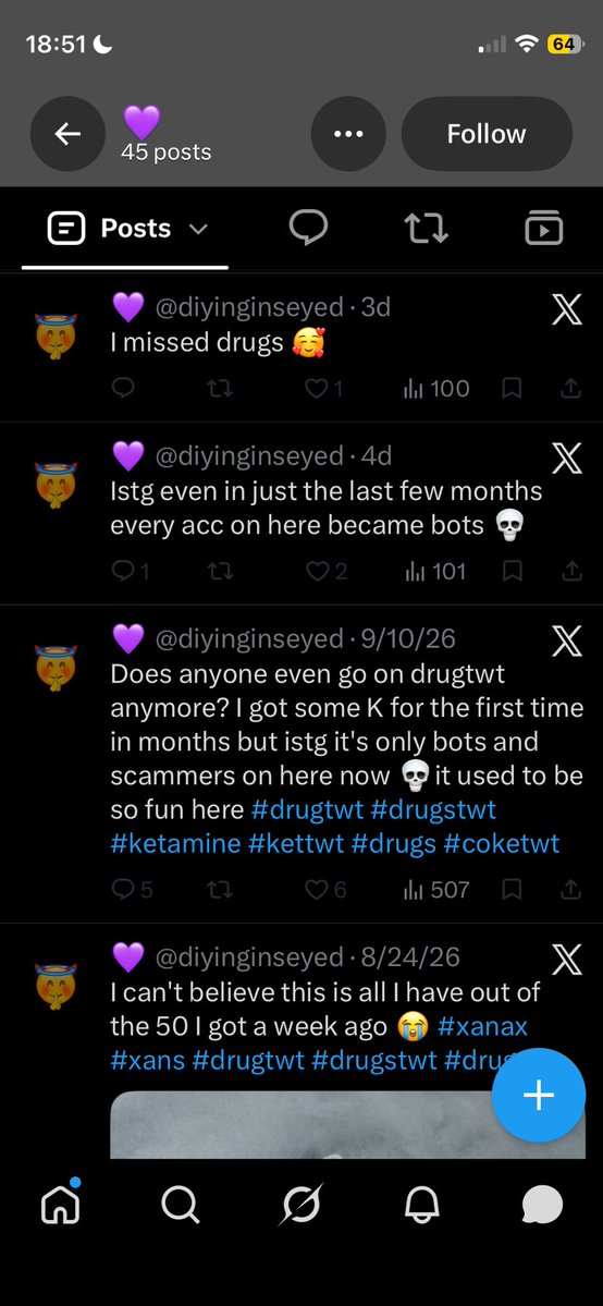straystarling's tweet photo. Usually I don’t put people on blast but I just find it so BAFFLING that this is legit everything on bros account and he had the AUDACITY to A) block someone over returning a compliment B) make posts about it and then DELETE said posts about it #drugtwt https://t.co/qCOLfpgUJP