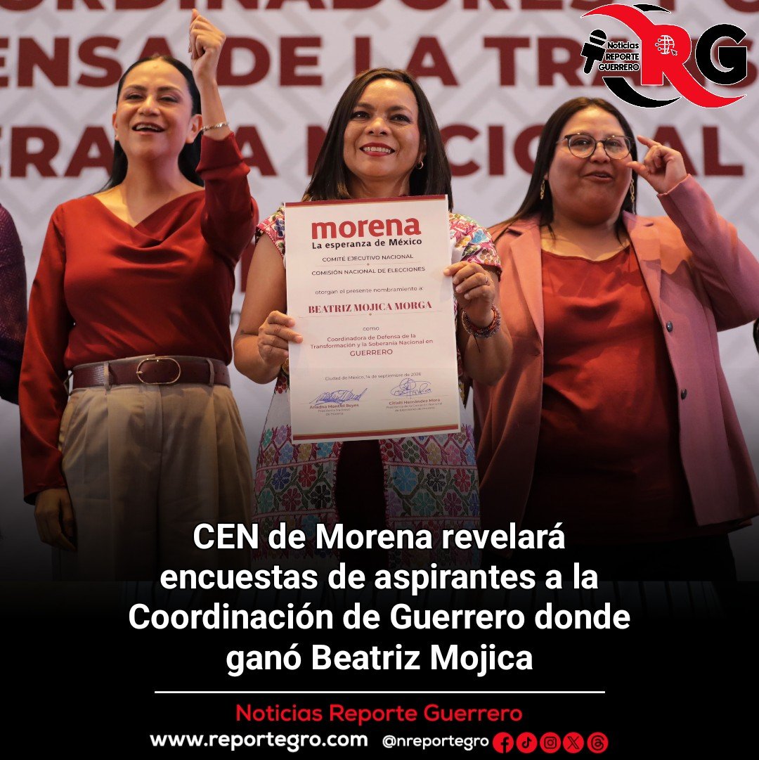 nreportegro's tweet photo. #CEN de #Morena revelará encuestas de aspirantes a la Coordinación de #Guerrero donde ganó @Beatriz_Mojica
◾La dirigente nacional @A_MontielR anunció que el partido dará a conocer las mediciones utilizadas para definir las coordinaciones estatales https://t.co/glE7cGoFJI