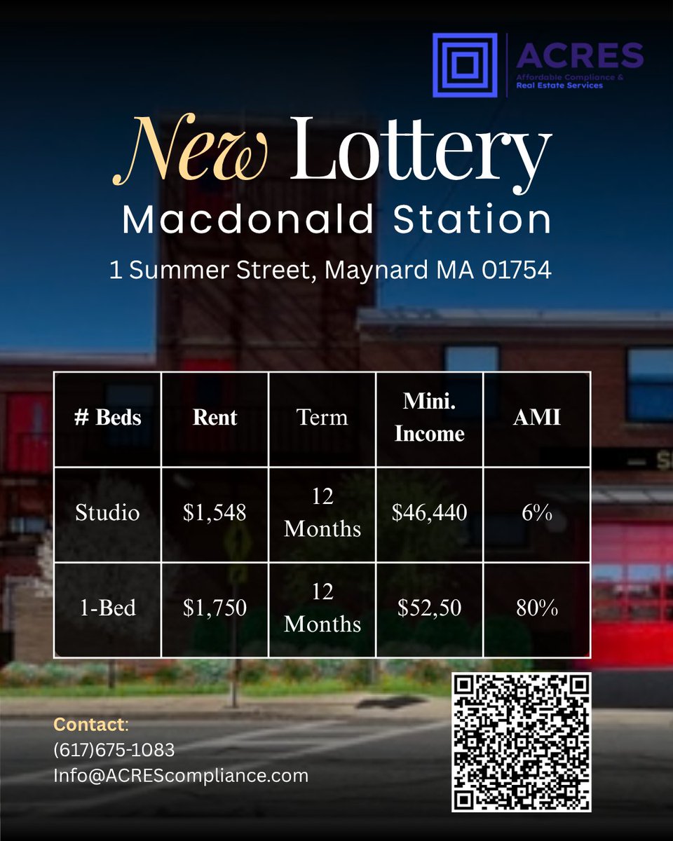 acrescompliance's tweet photo. MacDonald Station
1 Summer Street, Maynard, MA 01754

Studio: $1,548
1-Bedroom: $1,750

Learn More: https://t.co/EOfJOpWvEU

Online app: https://t.co/5D4bdGJ3Rc https://t.co/FV8DOK4wiv
