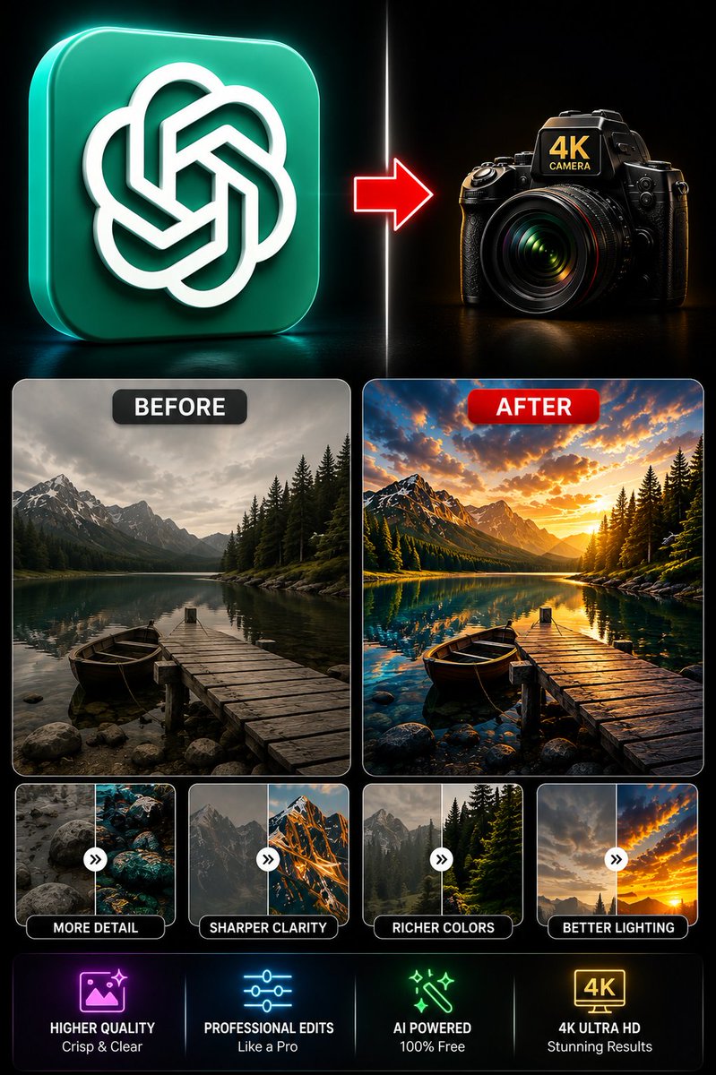AlexCodeRx's tweet photo. 🚨 BREAKING: STOP SPENDING $4,000 ON A CAMERA. 💸📸

ChatGPT can make your phone photos look like they were shot on a $4K camera.
5 powerful prompts.
5 insane upgrades.
$0 spent. 👇🏻
🔖 Bookmark this — these prompts can save you serious money. https://t.co/VGYeAc2Xd5