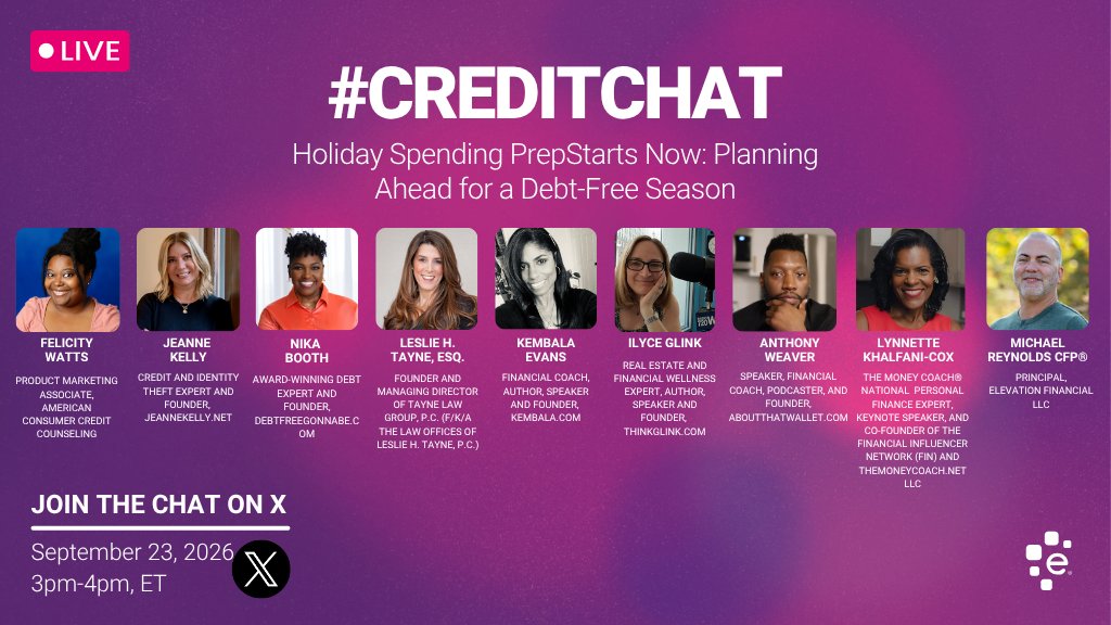 Experian's tweet photo. Don’t miss tomorrow’s #CreditChat about planning ahead for holiday spending. We’ll discuss creating a holiday budget, saving ahead, shopping sales, using credit thoughtfully and preparing your finances for the season and beyond.
We’ll be joined by: @DebtFreeGonnaBe, @ACCreditCounsel, @LeslieHTayneEsq, @Glink, @aboutthatwallet, @themoneycoach, @michaelreynolds, @Kembala, and @creditscoop.
https://t.co/TjX2C0t5zX