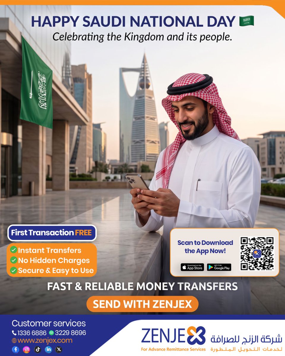 ZenjexExchange's tweet photo. Happy Saudi National Day! 🇸🇦✨
Celebrating the Kingdom and its people. Zenjex is proud to serve the community with fast and reliable money transfer services. Whether you are celebrating at home or sending support to loved ones, we are here for you.

SEND WITH ZENJEX. 🇸🇦 https://t.co/6mPYtHFMwW