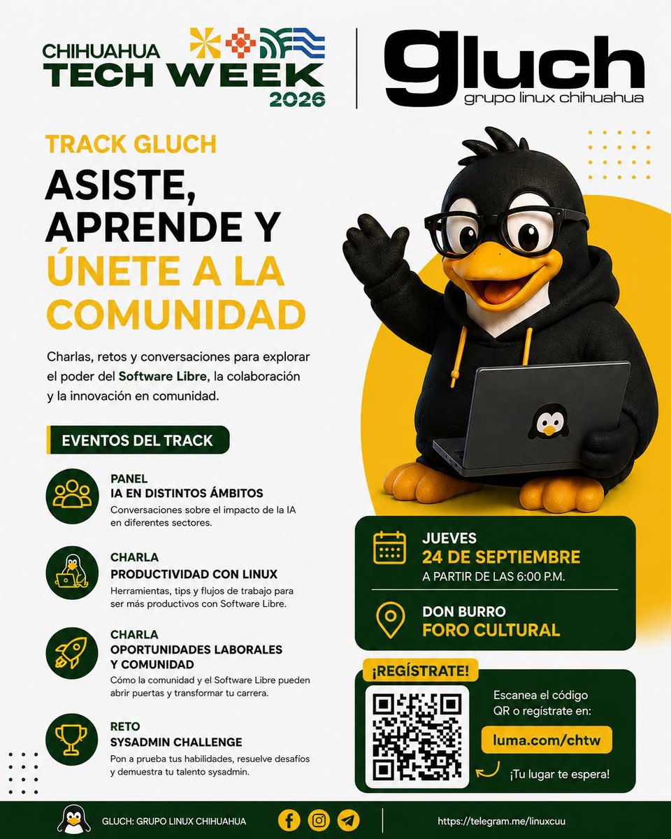 imcsk8's tweet photo. Este jueves 24 como parte de Chihuahua Tech Week el Grupo Linux Chihuahua tiene un track de Linux en el Don Burro Foro Cultural. Esperamos que puedan asistir!
La entrada es libre!
#chihuahuatechweek #CHTW https://t.co/ugkLyILD1i