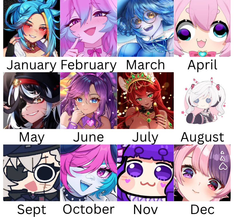 itsEvvelynn's tweet photo. Which character are you comment your month below! 👇✨

in order:
@LuminusRed
@CottontailVA
@YomiQuinnley
@chibidoki
@ShekaiGoto
@ChaChayourvmom
@aliciaxlifeVT
@AdfreeVT
@saruei
@FREAM
@rokokoprufei
@ironmous https://t.co/k9ZD6xdtzu