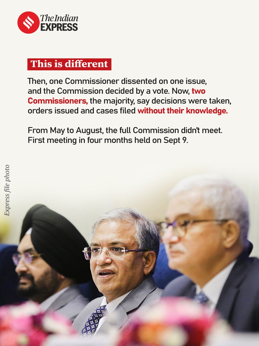 RitikaChopra__'s tweet photo. There's been dissent in the Election Commission before. 

In 2009, a CEC recommended a colleague's removal. In 2019, a Commissioner boycotted meetings until his dissent was recorded. Each time: one member, one issue, settled by a vote.

But this is different. Two of three, the majority, say they weren't told at all. And from May to August, the full Commission didn't meet once.
(8/10)