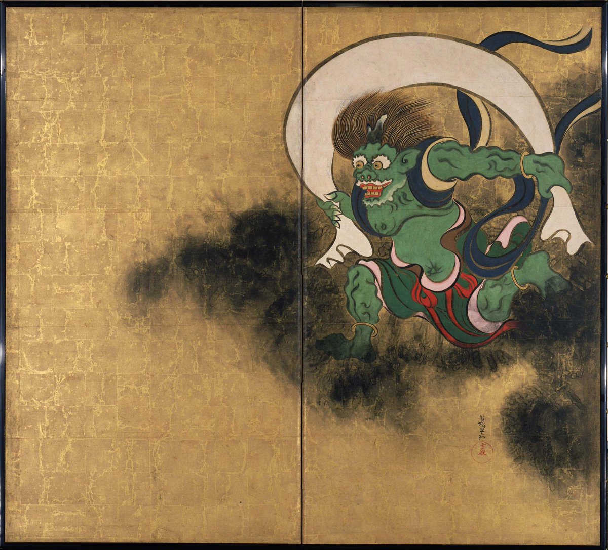 NihonBijutsushi's tweet photo. 尾形 光琳　おがた こうりん　Ogata Kōrin　1658–1716

《風神雷神図屏風》
ふうじんらいじんずびょうぶ

18世紀初め・江戸時代
金地の紙に彩色・屏風2曲1双
東京国立博物館 https://t.co/0etA51kkHE
