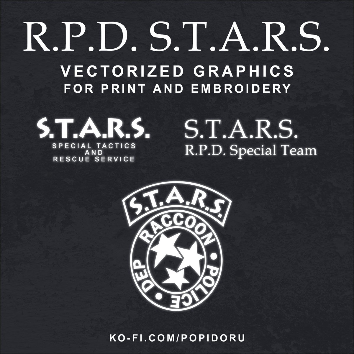 popidoru's tweet photo. my little brother wanted an embroidered hoodie so i vectorized these Resident Evil STARS logos 

files in PDF, SVG and .AI for free on my kofi! 
https://t.co/Clutvp2vR9 https://t.co/BJrkD7ukZ5