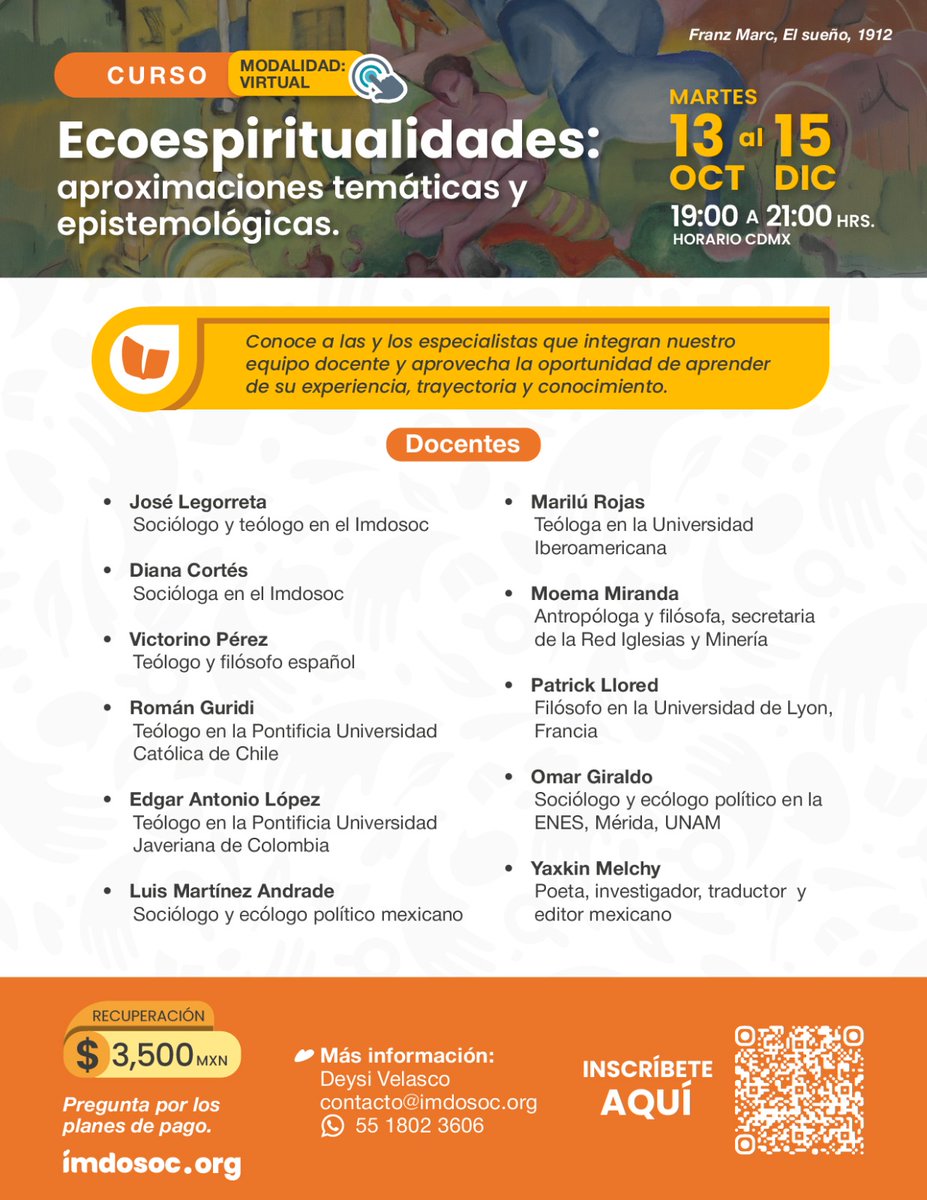 imdosoc's tweet photo. 🌿Profundiza en la relación entre ecología, espiritualidad y pensamiento crítico con especialistas en sociología, teología, filosofía, antropología y ecología política
Curso Ecoespiritualidades
Inicia 13 oct |  Virtual | $3,500 MXN

👉 Regístrate: https://t.co/9AAlS3tfrz https://t.co/Y0UZApth2A