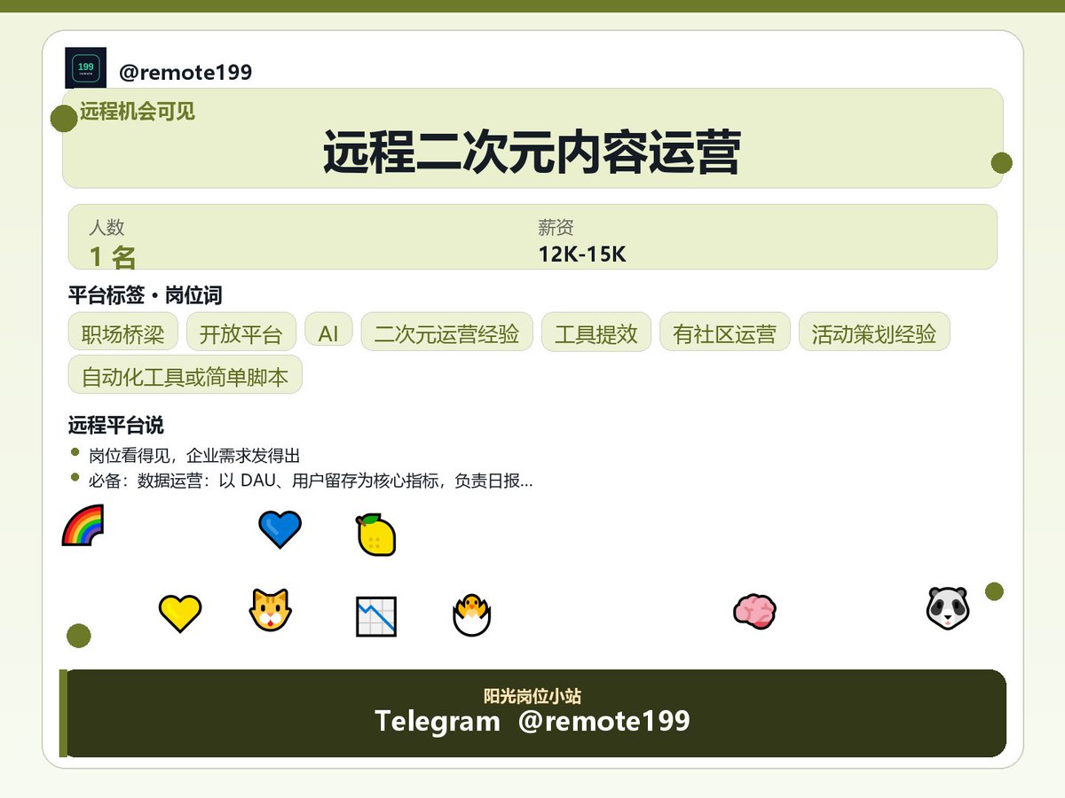 diver786655's tweet photo. 远程二次元内容运营

把最近协作里用得上的方法，收成一段成长向分享。

关于：远程二次元内容运营

方法侧重点：
- 内容合规：负责内容审核与违规排查，保障平台内容安全合规
- 熟悉 ACG/二次元生态与用户偏好，对内容有敏感度和判断力
- 数据驱动思维强，能独立完成数据分析与…

✈ @REMOTE69 https://t.co/95V5z0JRBB