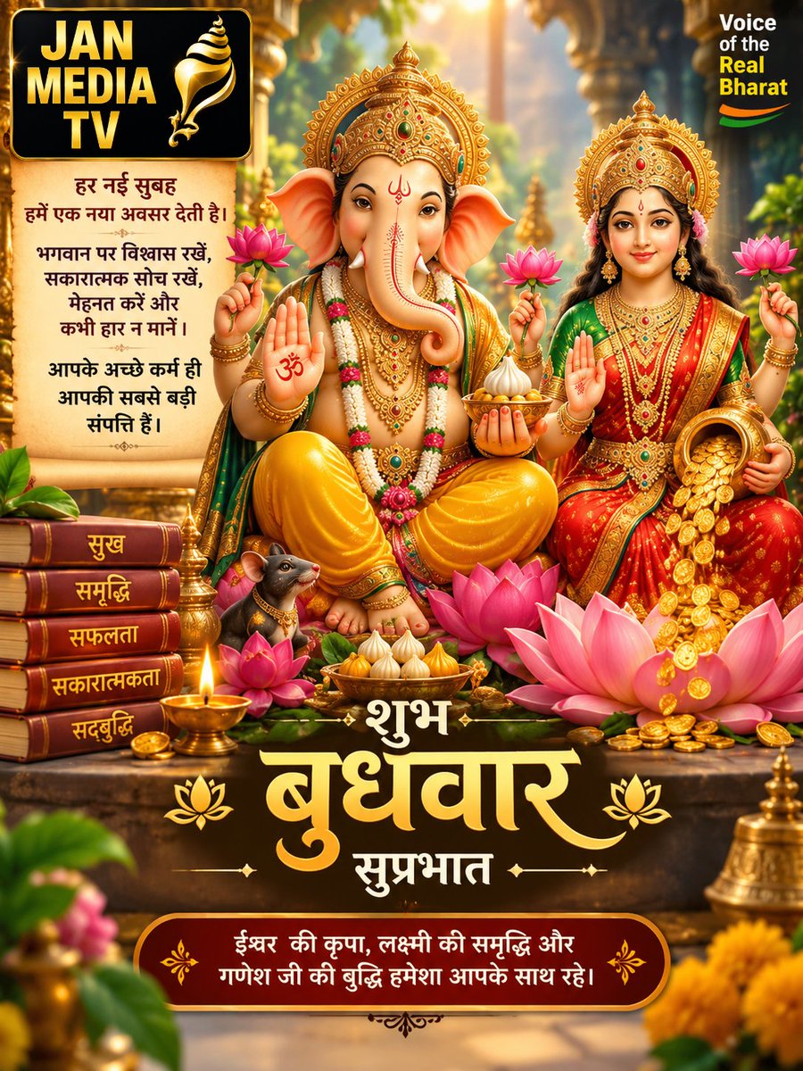 janmediatvindia's tweet photo. बुधवार की शुभ सुबह 🌸🙏
श्री गणेश जी की बुद्धि और माँ लक्ष्मी की कृपा से आपका दिन सुख, समृद्धि और सफलता से भर जाए। ✨
#JanMediaTV #शुभबुधवार #सुप्रभात #GaneshJi #MaaLakshmi #GoodMorning #PositiveVibes #Motivation #Blessings #VoiceOfTheRealBharat https://t.co/HnDwsBTWaU