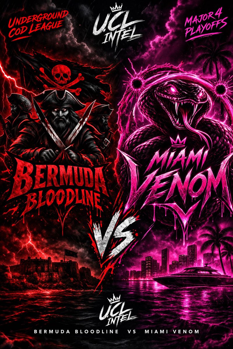 UCLintel's tweet photo. 🔥🏴‍☠️ MAJOR 4 PLAYOFFS — TONIGHT! 🐍🔥

BERMUDA BLOODLINE 🆚 MIAMI VENOM
🕥 10:30 PM EST

Two squads. One battlefield. ONE MOVES ON. ⚔️💀

🏴‍☠️ Bermuda Bloodline is coming for blood.
🐍 Miami Venom is ready to strike.

DON’T MISS THIS ONE. 👀🔥

#UCLIntel #UndergroundCODLeague https://t.co/9EbuNscRc8