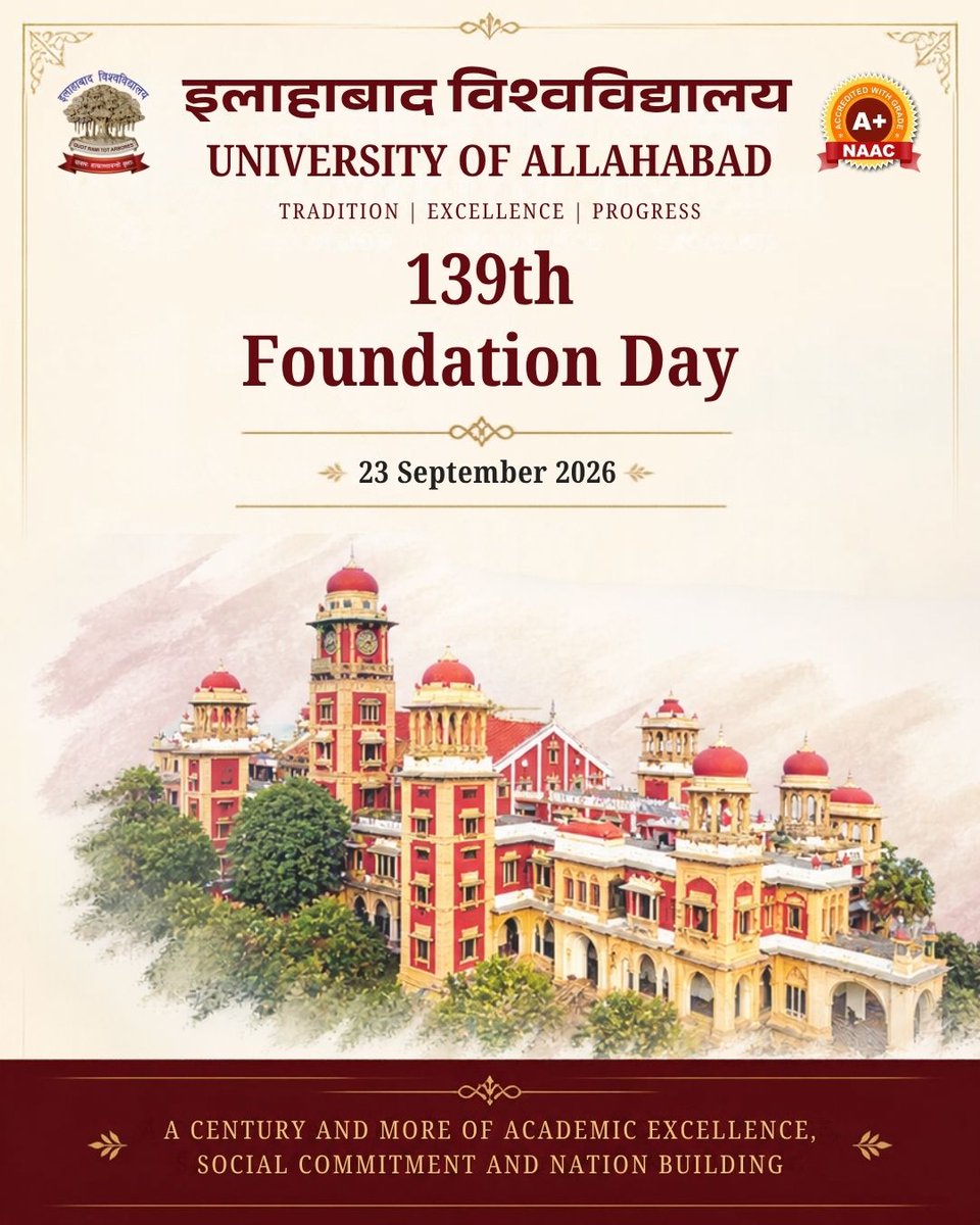 UoA_Official's tweet photo. इलाहाबाद विश्वविद्यालय के 139वें स्थापना दिवस की हार्दिक शुभकामनाएँ।
#UniversityOfAllahabad #AllahabadUniversity #139thFoundationDay #Prayagraj https://t.co/8KyUb0DBi6