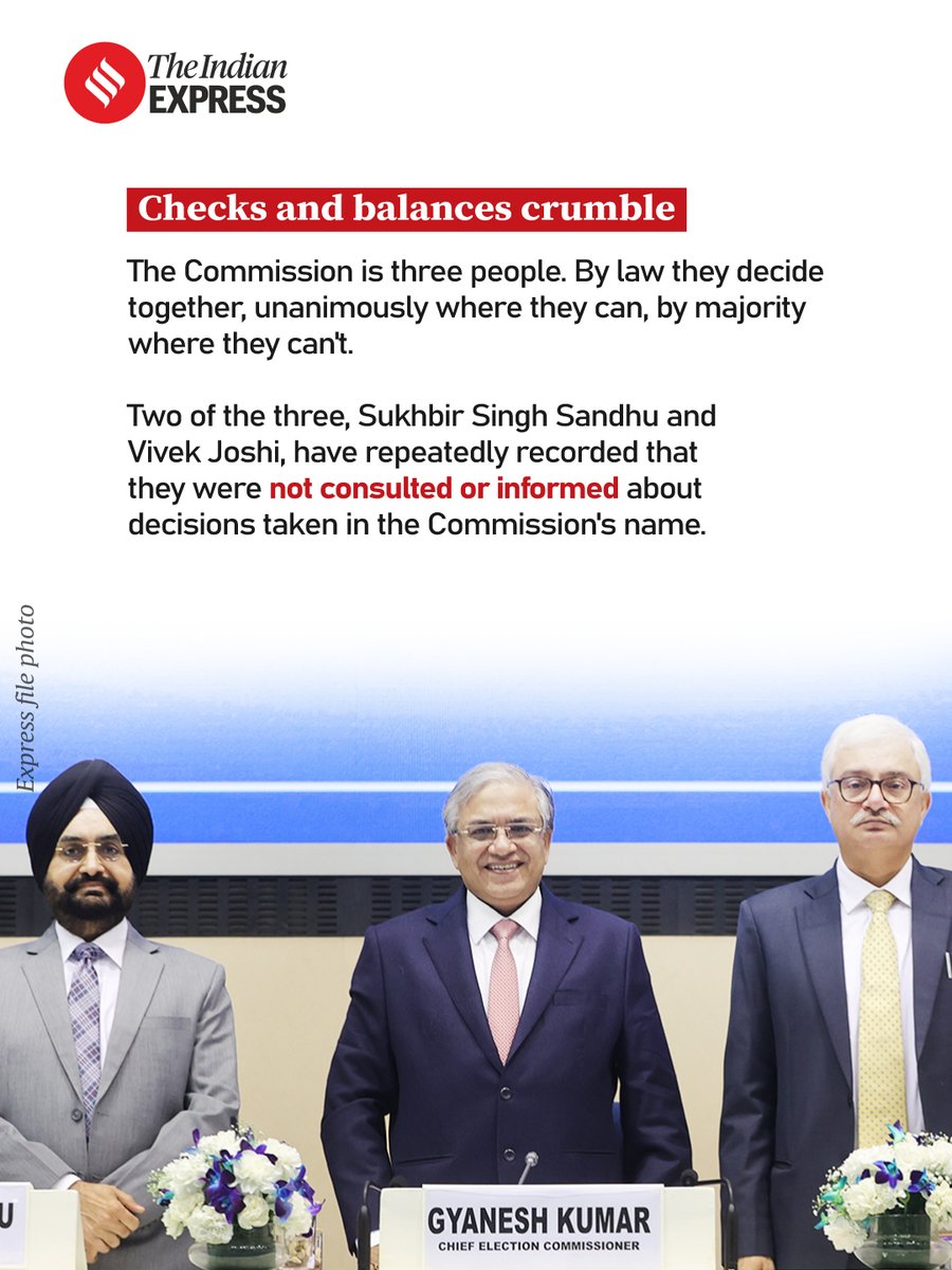 RitikaChopra__'s tweet photo. So why should you care about this unprecedented rupture in the Election Commission?
BECAUSE being eligible to be enrolled as a voter is no longer enough. In one state, 97 people proved they belonged, the officer agreed, and the software, controlled from Delhi, never let him record it. They're still off the roll.
BECAUSE the reason you trust the voter list is that nobody controls it: thousands of officers do, one constituency each. Centralise the software, and that stops being true.
And BECAUSE the check built to catch this, three Commissioners deciding together, was tried.
But TWO of the THREE say they were kept in the dark on key processes rolled out to revise the rolls.
(9/10)
https://t.co/8g8HYlUcr4