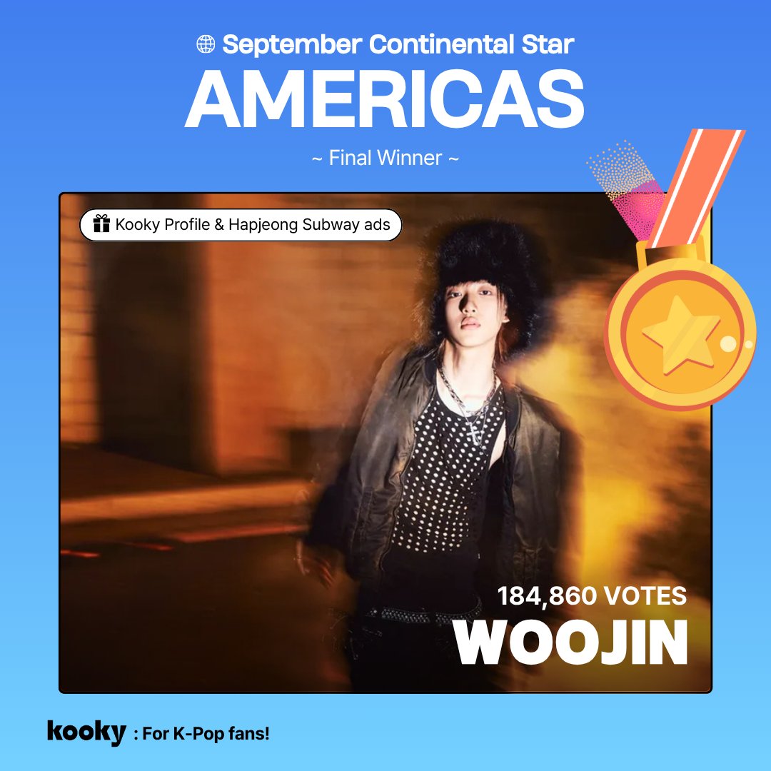 kooky__official's tweet photo. [🥇Winner]
✨ Monthly Continental Star | #AmericasStar_Sep

🌐 #LNGSHOT #WOOJIN #롱샷 #우진

🎁 #KookyAds Subway ads (2 Screens)
📅 Oct 16~30, 2025 (15 Days)
The subway ad will be displayed using the KookyProfile design. 

🎁  #KookyProfile 
🏅 Spacial Class - A Class
✅ You can check it on the rewards section or ranking page pop-up!
✅ Please fill out the form below by Sep 28 10AM (KST).
🔗 https://t.co/k9ichHgNRD