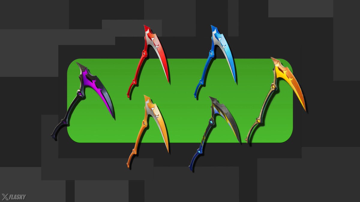 flaskytv's tweet photo. Do you own EVERY Fortnite Scythe pickaxe variants ? 😏

- Ultra Scythe : 888 days ago ( shop )
- Sunfall Scythe : Japan V-Bucks card
- Midnight Scythe : Europe V-Bucks card
- Trick Axe : 220 days ago ( previously free )
- Dawning Scythe : Blitz Mobile cup
- FNCS Scythe : 0 days ago ( shop )

#FlaskyCosmeticsFN