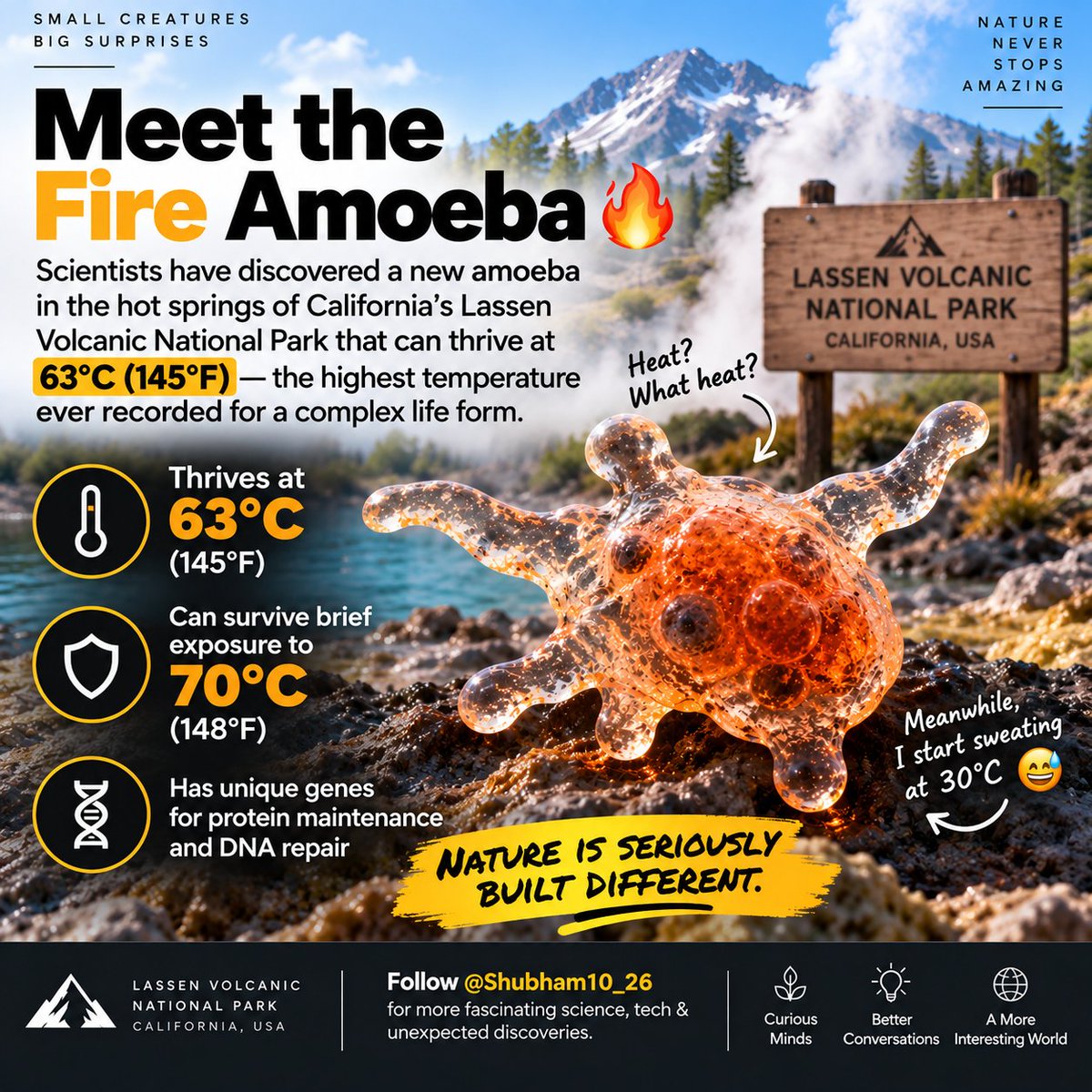 Shubham10_26's tweet photo. This tiny creature basically said: “Heat? What heat?” 😂🔥

Scientists discovered a new “fire amoeba” that can thrive at 63°C (145°F) — and briefly survive temperatures around 70°C.

Meanwhile, I start sweating at 30°C. 💀

Nature is seriously built different.

Follow @Shubham10_26 for more fascinating science, tech & unexpected discoveries.

#Science #Nature #Discovery #InterestingFacts #Technology