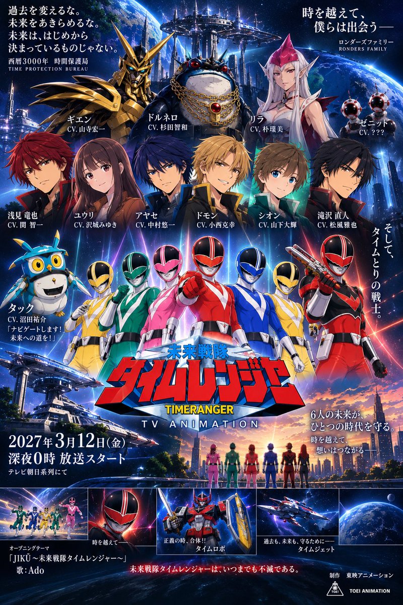 RS031109's tweet photo. もしもタイムレンジャーがアニメーションされたら、こうなると言う声優さんも全部考えてもらったんですが、ぴったりだなと思ったんですよね https://t.co/o5VloRobwR