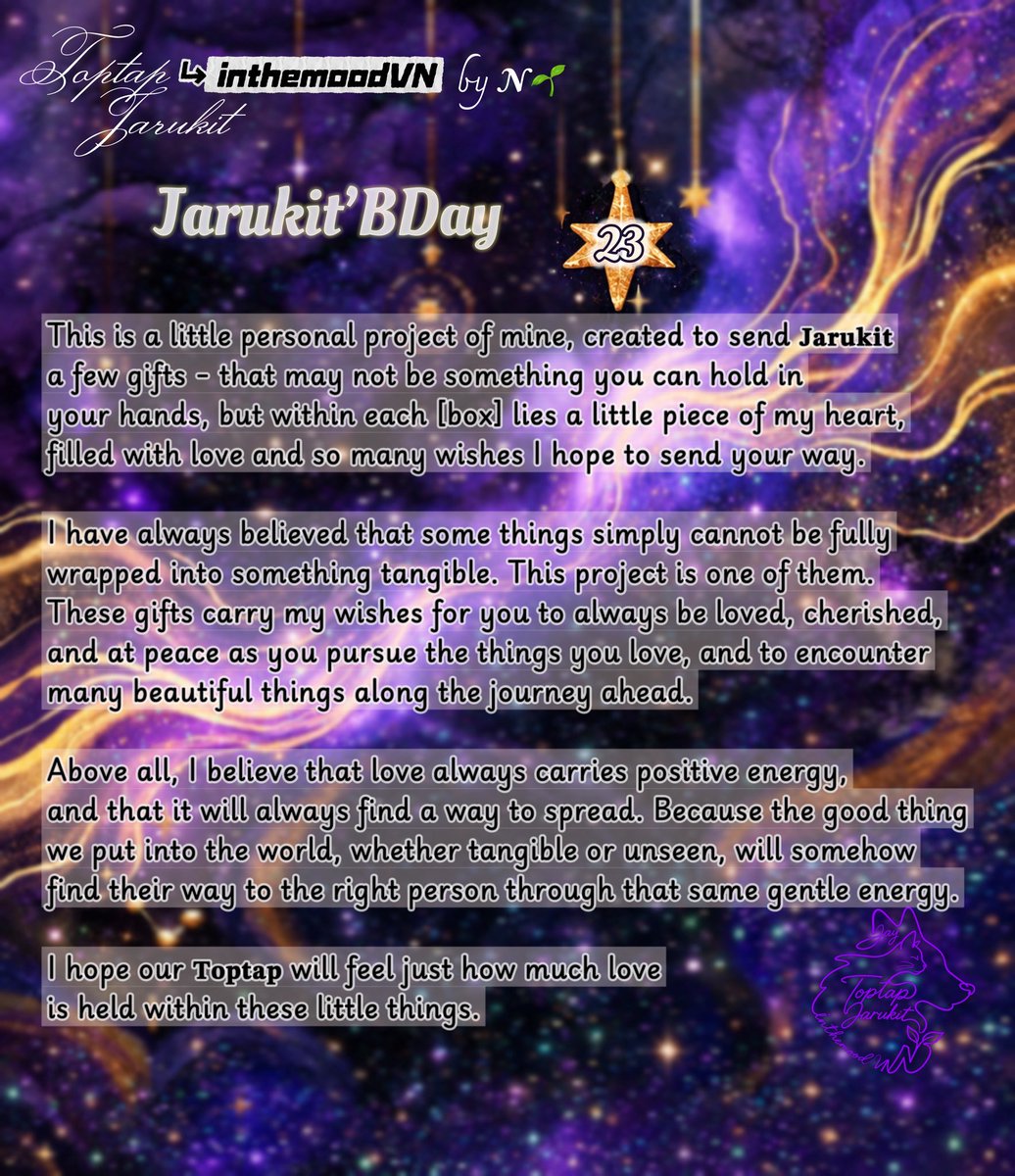 toptapinthemood's tweet photo. For @JARUKiTzX96 - #TOPTAPJarukit ‘s Day
a PJ by 𝓝🌱• ToptapinthemoodVN

✦⭒━━━━━━⭒✦
𝐓𝐨𝐩𝐭𝐚𝐩 𝐉𝐚𝐫𝐮𝐤𝐢𝐭 𝐊𝐚𝐞𝐰𝐦𝐨𝐨𝐧𝐫𝐮𝐞𝐚𝐧𝐠 

𝓣•wenty-three,
𝓞•ne-of-a-kind,
𝓟•recious,
𝓣•ruly
𝓐•dored
𝓟•erson.

Age twenty-three—
for someone so special,
so dearly cherished,
and forever worthy of love.

—our 𝓙𝓪𝓻𝓾𝓴𝓲𝓽

#23bdayToptapJarukit