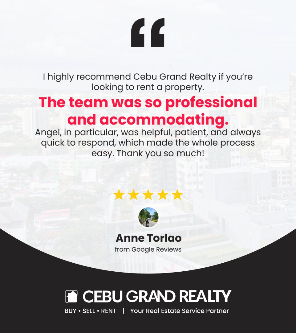 CebuGrandRealty's tweet photo. ⭐⭐⭐⭐⭐

“Helpful, patient, and always quick to respond.” — Anne Torlao

Thank you for trusting Cebu Grand Realty—and kudos to Angel for making the rental process easy! 🏡✨

📲 0917-777-2350
🌐 https://t.co/wdq5r6E7DY

#CebuRentals #ClientTestimonial #CebuGrandRealty https://t.co/TIIlVFCLIX