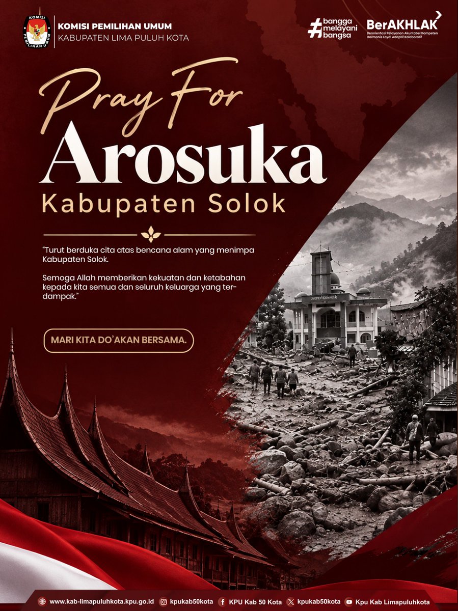 Kpukab50kota's tweet photo. KPU Kab. Lima Puluh Kota menyampaikan duka cita yang mendalam atas bencana alam yang menimpa Kabupaten Solok.
Mari kita bersama-sama mendoakan agar seluruh proses penanganan dan pemulihan diberikan kelancaran. ๐คฒ
#PrayForArosuka #PrayForSolok #KabupatenSolok #KPU #TemanPemilih https://t.co/snkrI6HfN3