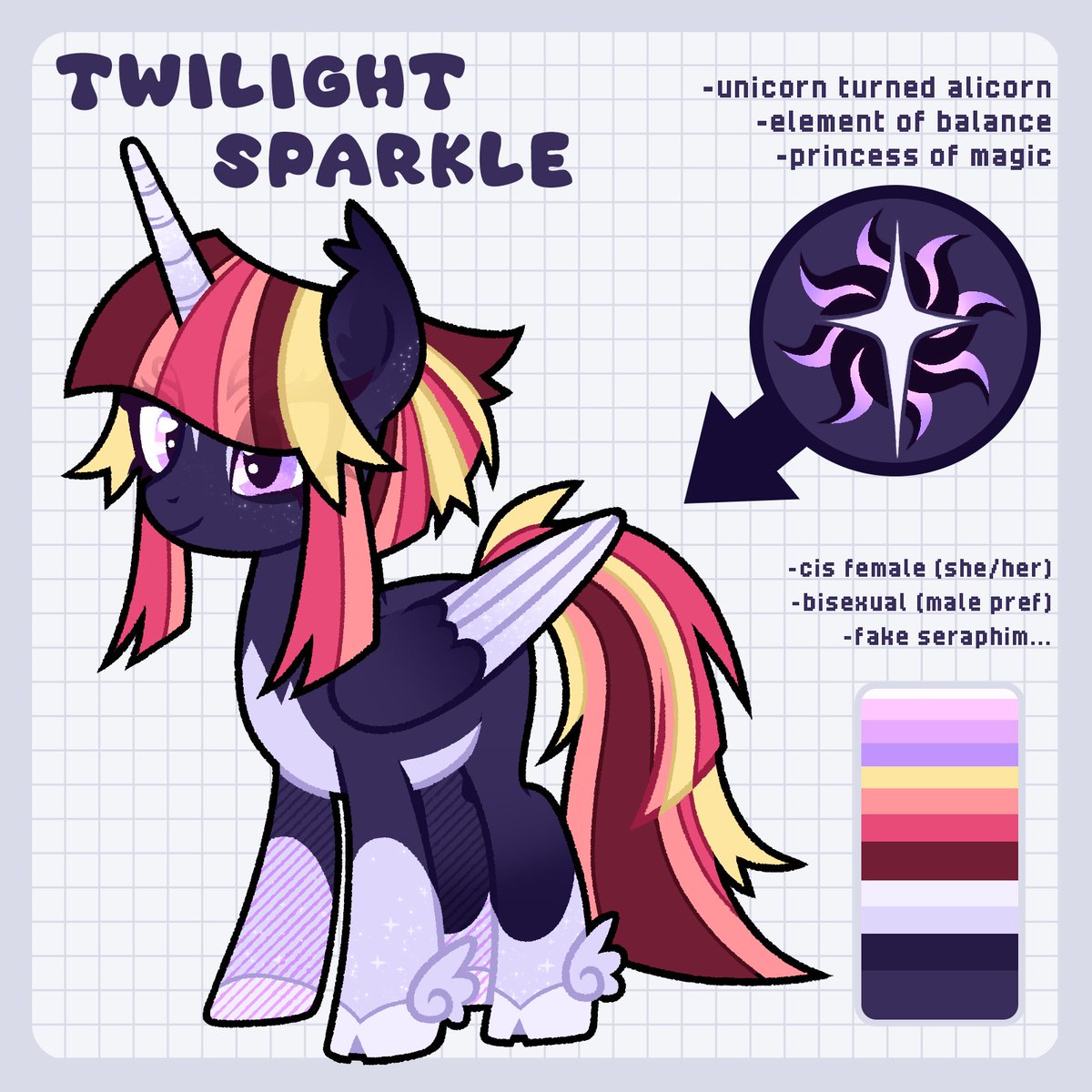 PrairieStPony's tweet photo. Twilight Sparkle ✨🔮

✦ nicknames include Twi, Twily, Sparks/Sparky (do not call her that!!)
✦ originally a unicorn, ascended to alicornhood
✦ princess of magical prowess
✦ element of balance
✦ effectively immortal https://t.co/ZtrnNL8pFP